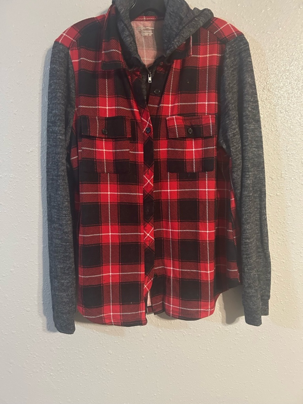 Red & Black Plaid Hooded Shirt Jacket with Gray Sleeves Sz 2XL